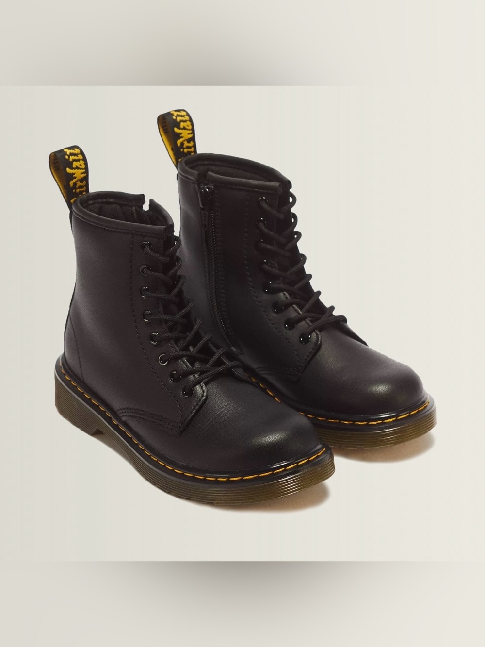 Dr. Martens Black Leather Lace-Up Zip Ankle Boots with Yellow Stitching